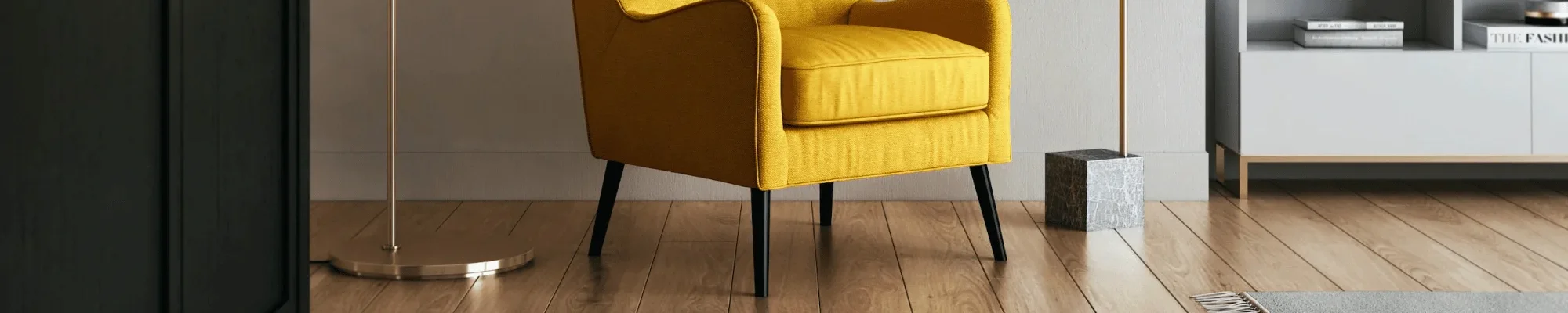 Yellow accent chair on a hardwood floor